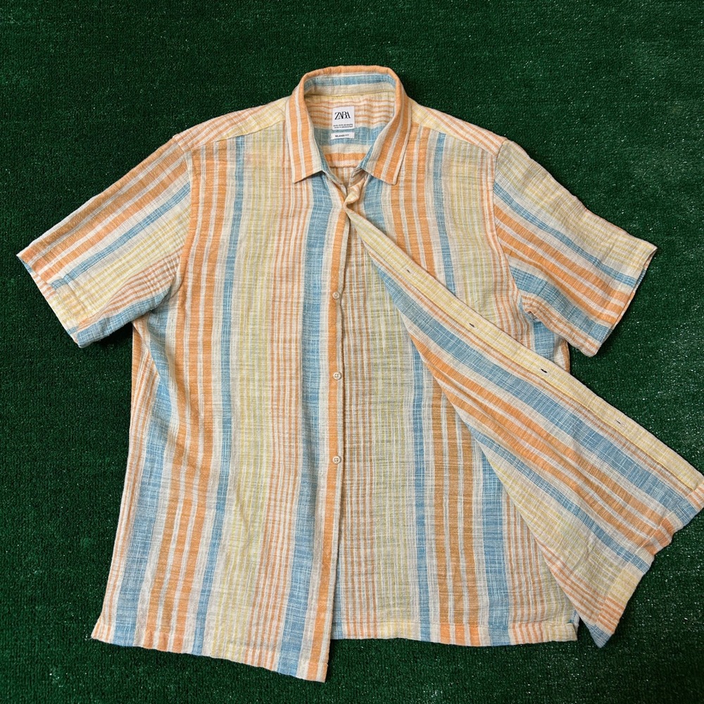 Zara Button Up Shirt Mens XL Multicolor Striped Relaxed Fit Short Sleeve Cotton